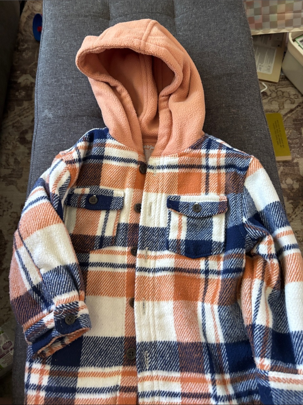 Cat & Jack Peach, Navy & Cream Plaid Hooded Shirt Jacket